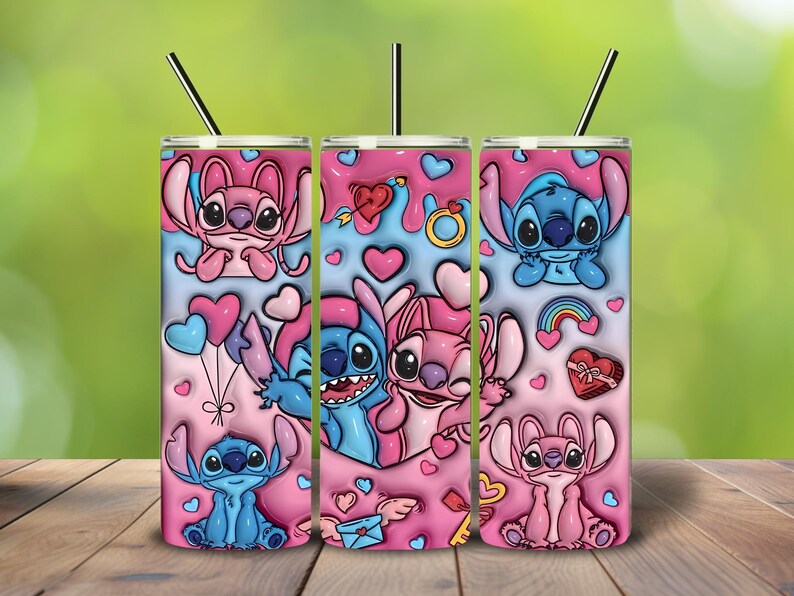 May include: Three stainless steel tumblers with a pink and blue design featuring the characters Stitch and Angel, hearts, and other Valentine's Day themed graphics. Each tumbler has a black straw.