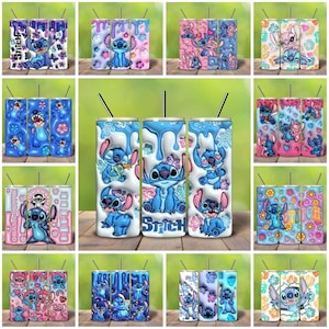 May include: A collection of tumblers featuring the character Stitch from Lilo & Stitch. The tumblers showcase Stitch in various poses, with designs including dripping paint effects, floral patterns, and the word "Stitch". The color palette includes blue, pink, and white.