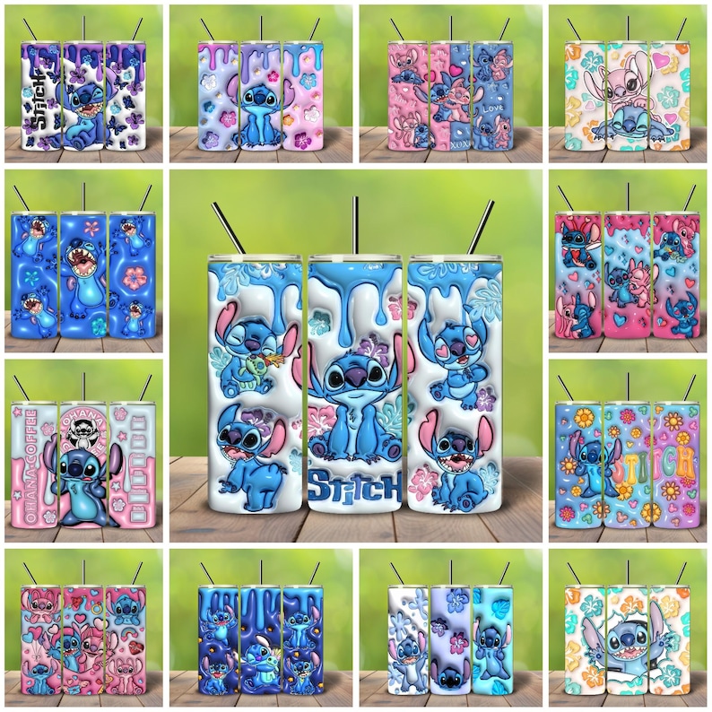 May include: A collection of tumblers featuring the character Stitch from Lilo & Stitch. The tumblers showcase Stitch in various poses, with designs including dripping paint effects, floral patterns, and the word "Stitch". The color palette includes blue, pink, and white.