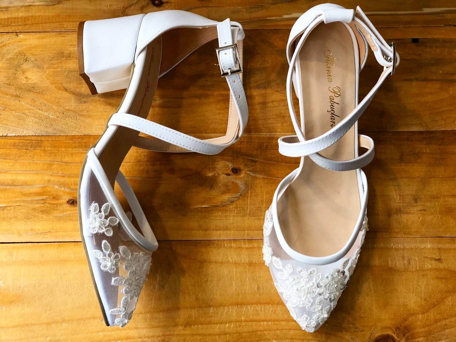 Lace Embellished Tulle Wedding Shoes Ivory Handmade Heel | Etsy UK