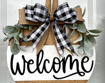 Welcome Sign: Farmhouse Front Door Decor with Buffalo Plaid Bow