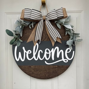 Welcome Front Door Sign • Farmhouse Styled Front Door Decor • Wreath For Front Door • Grey