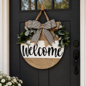 Farmhouse Welcome Door Sign: Wood Wreath with Ribbon & Greenery