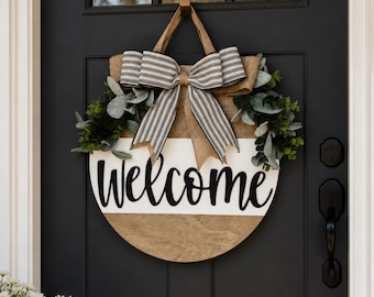 Farmhouse Welcome Door Sign: Wood Wreath with Ribbon & Greenery