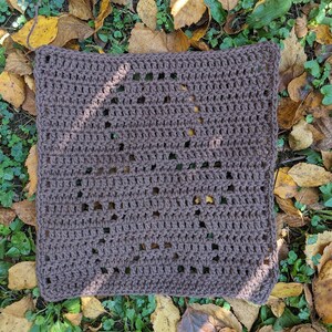 May include: A brown crocheted square with a diamond pattern. The square is made with a single crochet stitch and has a textured look.