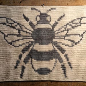 May include: A rectangular crochet panel featuring a large, centered bumblebee motif. The design is created using off-white and dark gray yarn, showcasing the bee's head, thorax, abdomen, and detailed wings in a contrasting two-tone color scheme.