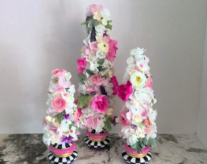 Spring Topiaries Floral Spring Topiary, Whimsical Black and White Check, Tabletop ...