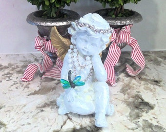 Estante de mesa con forma de ángel querubín, querubín de estilo shabby chic, ángel adornado a la francesa, pintado a mano.