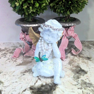 Angel cherub table shelf sitter, shabby chic cherub, French embellished angel, hand painted.