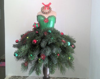 Mannequin Christmas Tree | Green Christmas Centerpiece | Decorated Dress Form | Dress Form Christmas Tree | Red Berry Christmas Holiday