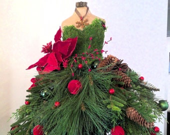 Mannequin Christmas Tree | Couture Red Christmas Centerpiece | Decorated Dress Form | Red Velvet Christmas Holiday Tree