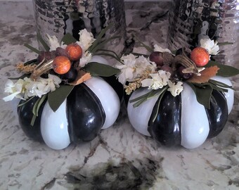 Black White Foam Pumpkin, Whimsical, Fall Black and White Pumpkin, Hand painted, Fall Décor, Hand Painted Pumpkin Pair, Shelf Sitter.