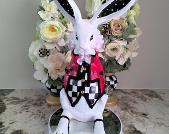 Conejo blanco elegante de lujo, Alicia en el país de las maravillas, pintado a mano, conejo a cuadros del país de las maravillas, conejito de Pascua, Peter el conejo, decoración de Pascua