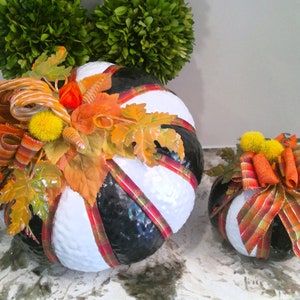 Fall Pumpkin Decoration Black and White Striped, Hand Painted Fall Décor, House Warming Gift, Large Pumpkin, Small Pumpkin, One Of A Kind