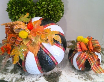 Fall Pumpkin Decoration Black and White Striped, Hand Painted Fall Décor, House Warming Gift, Large Pumpkin, Small Pumpkin, One Of A Kind