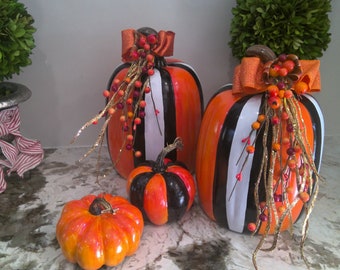 Black White Striped Pumpkin, Whimsical, Fall Black and White Pumpkin, Hand painted, Fall Décor, Large Ceramic Pumpkin.