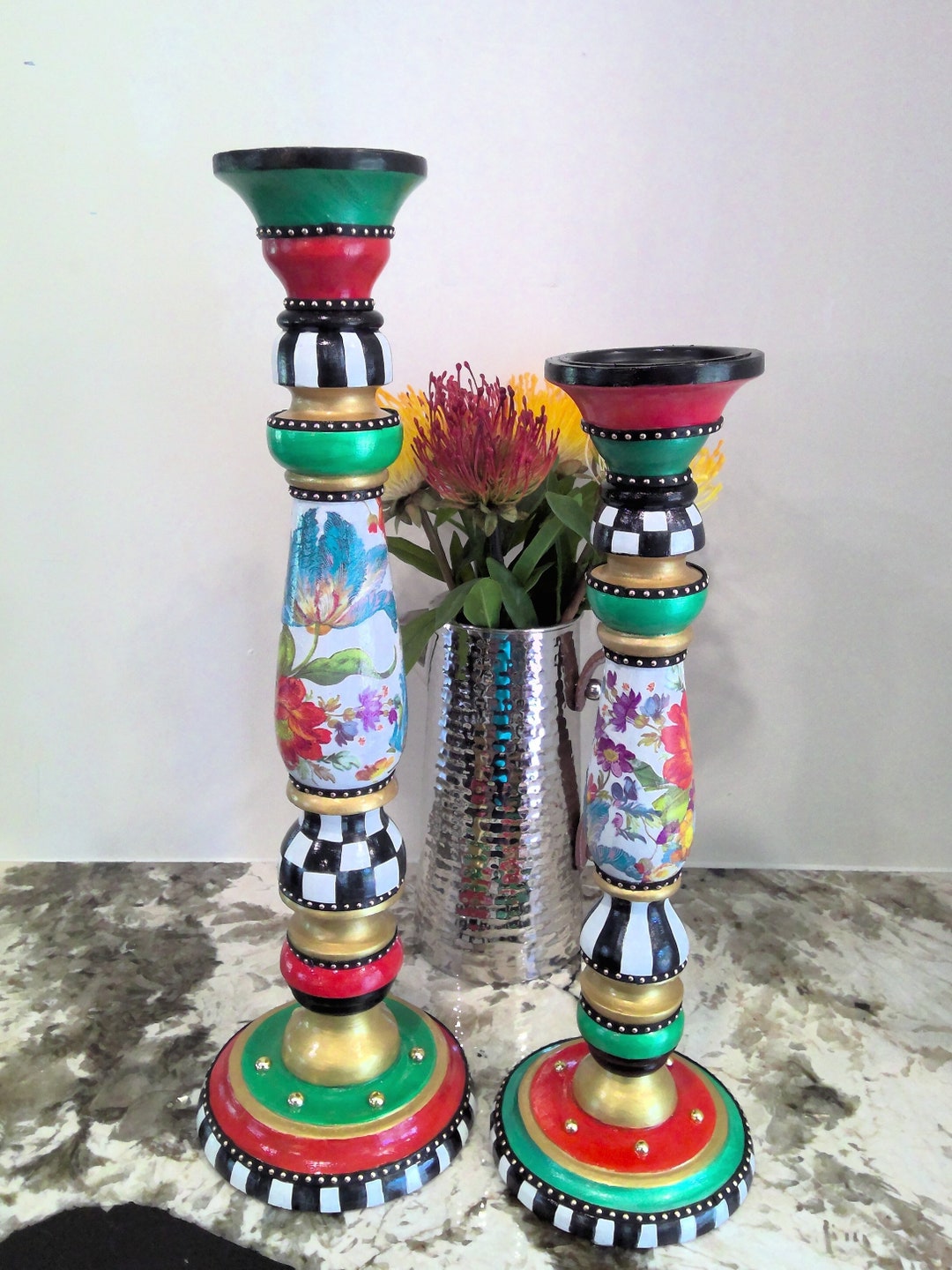 Black White Check Hand Painted Candle Holders, Elegant Black, Gold