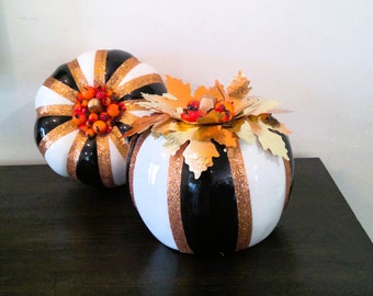 Black White Stripe Ceramic Pumpkins, Fall Pumpkins, Fall Décor, Halloween Decorations, Ceramic Pumpkin Set, Pumpkin Centerpiece, Gold Black.