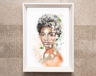 Watercolor illustration portrait Earth Woman, Original illustration, Print, Sizes A5, A4 and A3