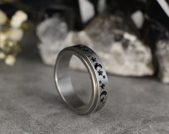 Mond Ring Edelstahl | Spinner Ring | Anti Stress Ring | Himmlischer Schmuck | Angst Ring | Mond und Sterne Schmuck Silber | Fidget Ring