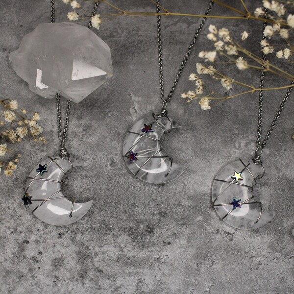 Quarz Mond Kette | Bergkristall Mond | Hämatit Sterne | Gothic Schmuck | Hexen Halskette | Halbmond Schmuck