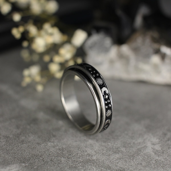 Mond Ring Edelstahl | Himmlischer Schmuck | Spinner Ring | Mond und Sterne Schmuck Silber | Anti Stress Ring | Angst Ring | Fidget Ring