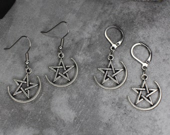 Pentagramm und Sichelmond Ohrringe, Gothic Ohrringe, Hexen Ohrringe, Pentagramm Ohrringe, Ohrringe aus Edelstahl