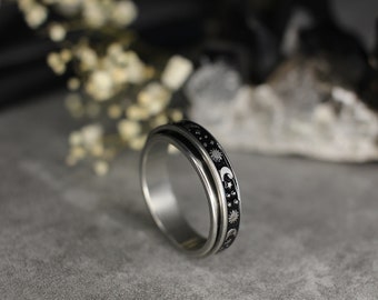 Mond Ring Edelstahl | Himmlischer Schmuck | Spinner Ring | Mond und Sterne Schmuck Silber | Anti Stress Ring | Angst Ring | Fidget Ring