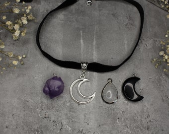 Samt Choker | Gothic Schmuck | Verschiedene Anhänger | Mond Choker | Amethyst Schmuck | Quarz Anhänger