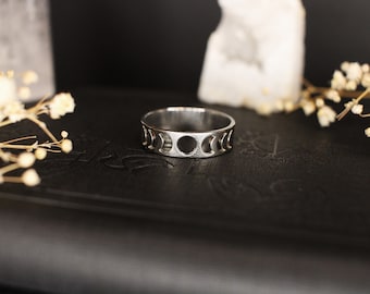 Mond Ring Edelstahl | Mondphasen Schmuck | Mond Schmuck Silber | Breiter Ring | Silberner Ring