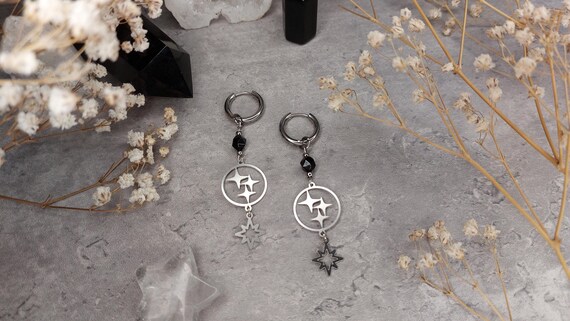 Onyx Ohrringe | Gothic Geschenk | Stern Hängeohrringe | Gothic Schmuck | Goth Ohrringe | Silberner Stern Anhänger