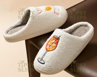 Aperol Spritz Slippers | Fuzzy Plush Cocktail House Shoes - Etsy display picture 2