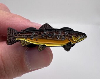 Signed Pewter Salmon Fishing Brooch Pin - Silver, Animal Theme