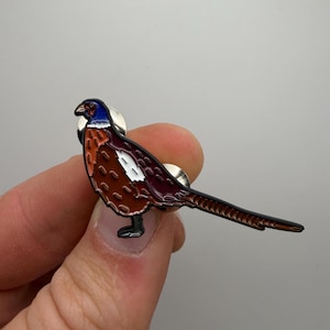 Puede incluir: Un pin de faisán colorido con un diseño detallado. El pin presenta una cabeza azul, cuello naranja, cuerpo marrón y una larga cola oscura. El pin está sujeto por los dedos de una persona sobre un fondo neutro.