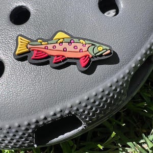 Puede incluir: Un dije de zapato con forma de pez colorido. El dije presenta un contorno negro, una aleta dorsal amarilla, una cola y aletas rojas, y un cuerpo con detalles naranjas, verdes y rosas. El dije está adherido a un zapato gris.