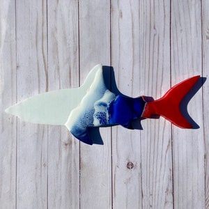 Shark Wall Decor with Patriotic Red and White Epoxy Ocean Waves, American Wall Decor, Patriotic Wall Decor, Shark Wall Art, Key Holder