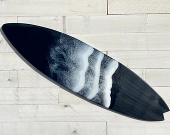 Epoxy Resin Ocean Wave Surfboard Wall Art: Black Stained Wood