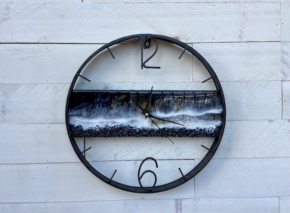 Made to Order Metal Wall Clock with Epoxy Ocean Waves, Coastal Wall Clock, Epoxy Clock, Black Metal Clock, Ocean Clock, Coastal Decor