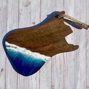 Made to Order Guitar Cutting Board with Epoxy Ocean Waves, Charcuterie Board, Cheese Board, Musician Gift, Music Lover Gift