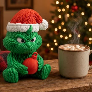 May include: A green textured figurine of a creature with a grumpy expression wearing a red and white knit Santa hat, holding a small red spherical ornament, positioned next to a speckled ceramic mug filled with a hot beverage and marshmallows.