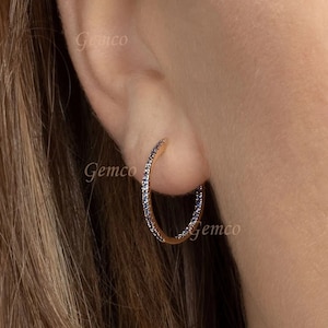 14K Solid Yellow Gold Natural Blue Sapphire Large Inside Out Hoop Earring Gold Hoop Earrings Tiny Sapphire Hoop Earrings Christmas Gift