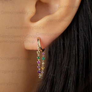 Orecchini in oro giallo massiccio 14k con zaffiro naturale arcobaleno, gioielli fatti a mano, catena da tennis, cerchi sottili, orecchini con zaffiro colorato, regalo per Natale