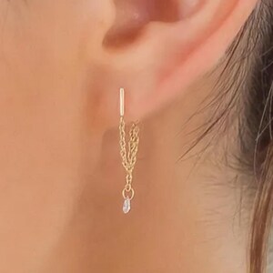 14k Gold Large Chain Bar Earring, 0.50 Ct Dangle Drop Pear Floating Charm Pendant Earring VS2 E/F CVD Excellent Cut Pear Lab Diamond Earring