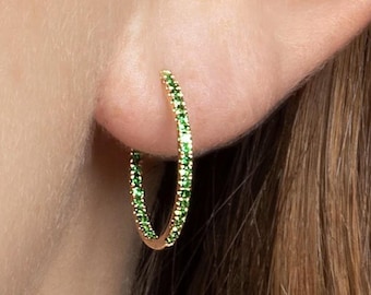 14k Solid Yellow Gold 18 mm Emerald Huggies Earrings Genuine Mines Emerald Hoop Earrings Minimalist Emerald Earring Christmas Gift For Her
