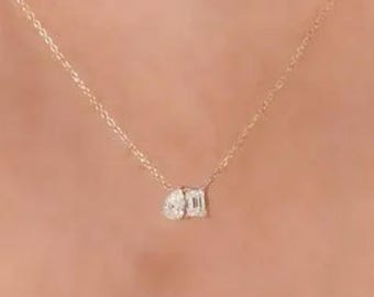 1.00 ct Toi et Moi Lab Diamond Necklace, Emerald/Pear Cut VVS Clarity Eco Friendly Lab Grown Diamond 14k Solid Gold Toi-Moi Diamond Necklace