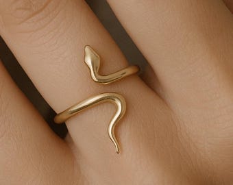 Gold Snake Ring, 14k Solid Gold Serpent Wrap Ring, Handmade Minimalist Animal Ring, Unique Adjustable Snake Jewelry Gifts Engagement Ring