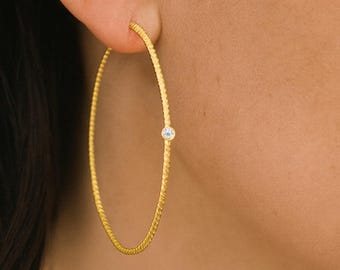 Aros grandes de cuerda torcida en oro de 14 k, aros de cadena de cuerda con diamantes auténticos en oro macizo, aros de cuerda torcida, aros de cable torcido