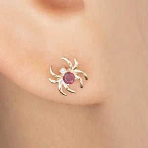 14k Solid Gold Spider Studs Earrings, Natural Diamond and Ruby Gemstone Daith Cartilage Earrings, Conch,Tragus Flat Screw Back Spider Studs