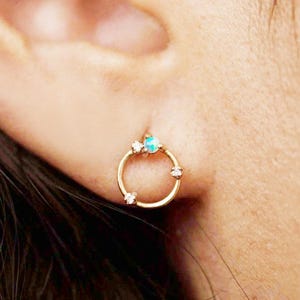 14k Solid Yellow Gold Genuine Natural Australian Opal Gemstone Natural Diamond ORB Earrings Statement Gift For Her Birthstone Studs Gift Her
