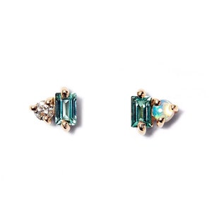 14k Solid Yellow Gold Natural Tourmaline Baguette Studs with Australian Opal & Natural Diamond Tiny Studs Earring Gift For Her Daily Wear